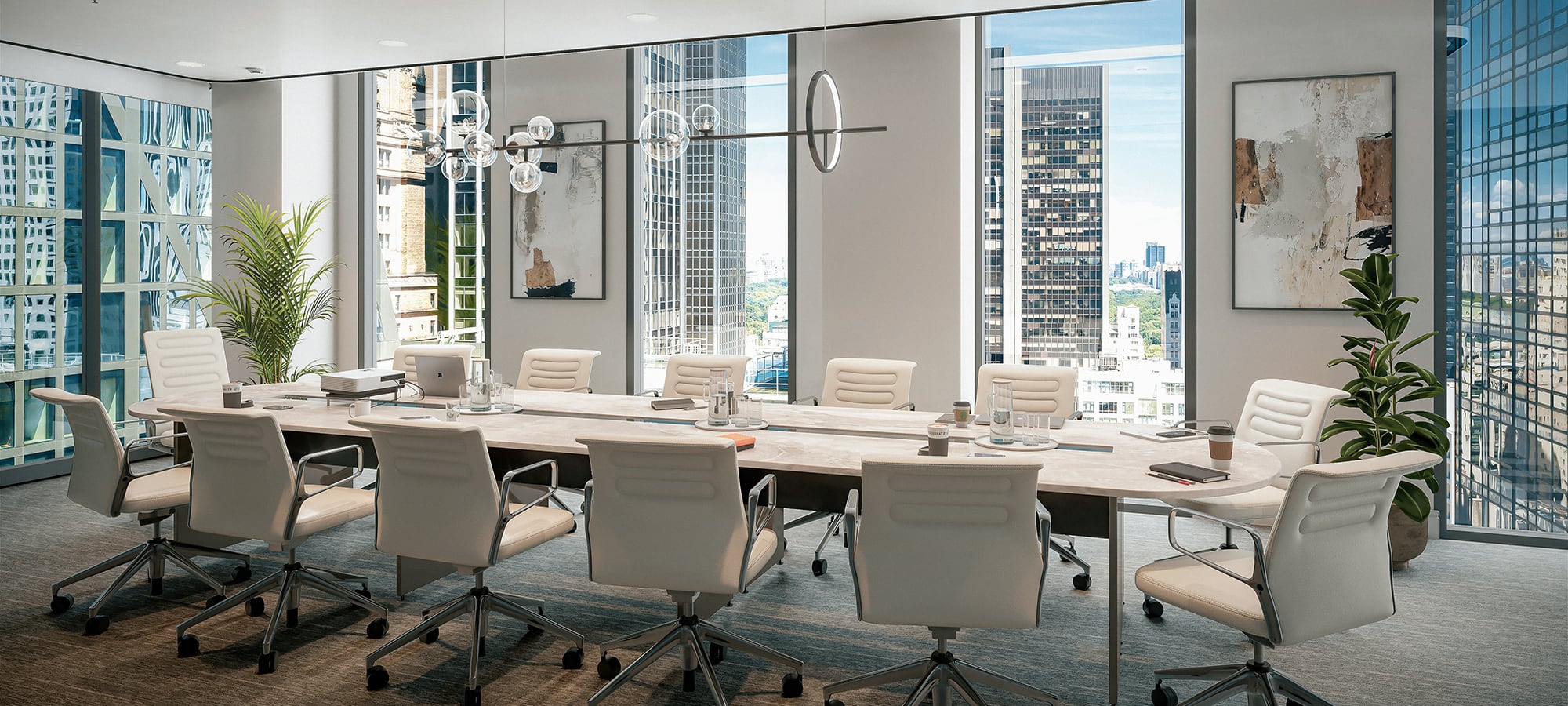 A luxurious conference room with contemporary furniture and art